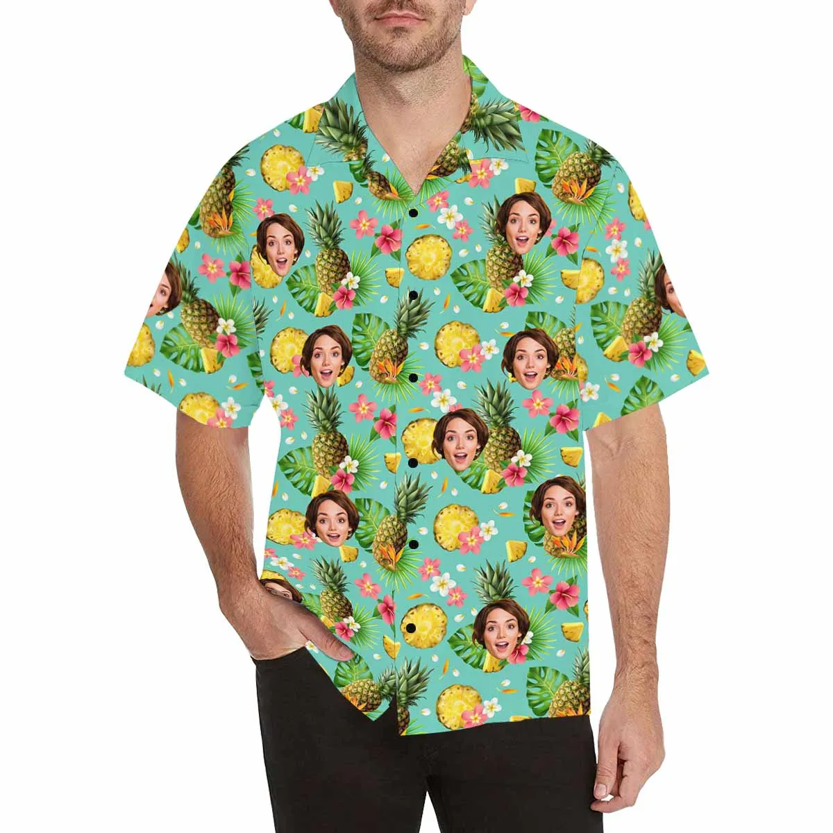 Custom Hawaiian Shirt for Boyfriend, Husband or Team Personalized with face Photo with Flower/Flamingo/Pineapple background Birthday Gift Vacation Party Shirt