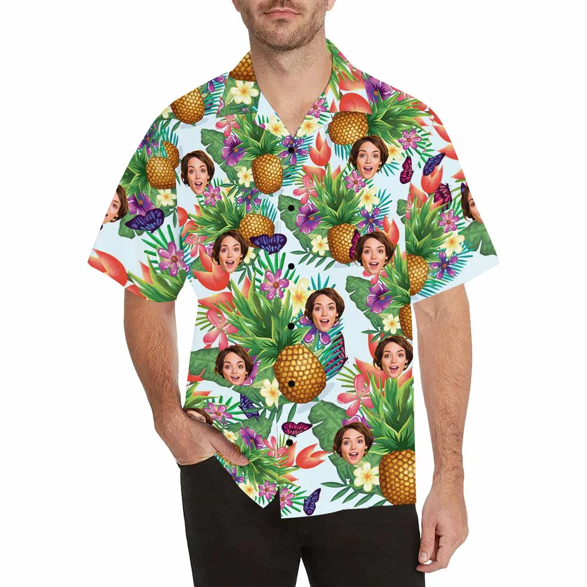 Custom Hawaiian Shirt for Boyfriend, Husband or Team Personalized with face Photo with Flower/Flamingo/Pineapple background Birthday Gift Vacation Party Shirt