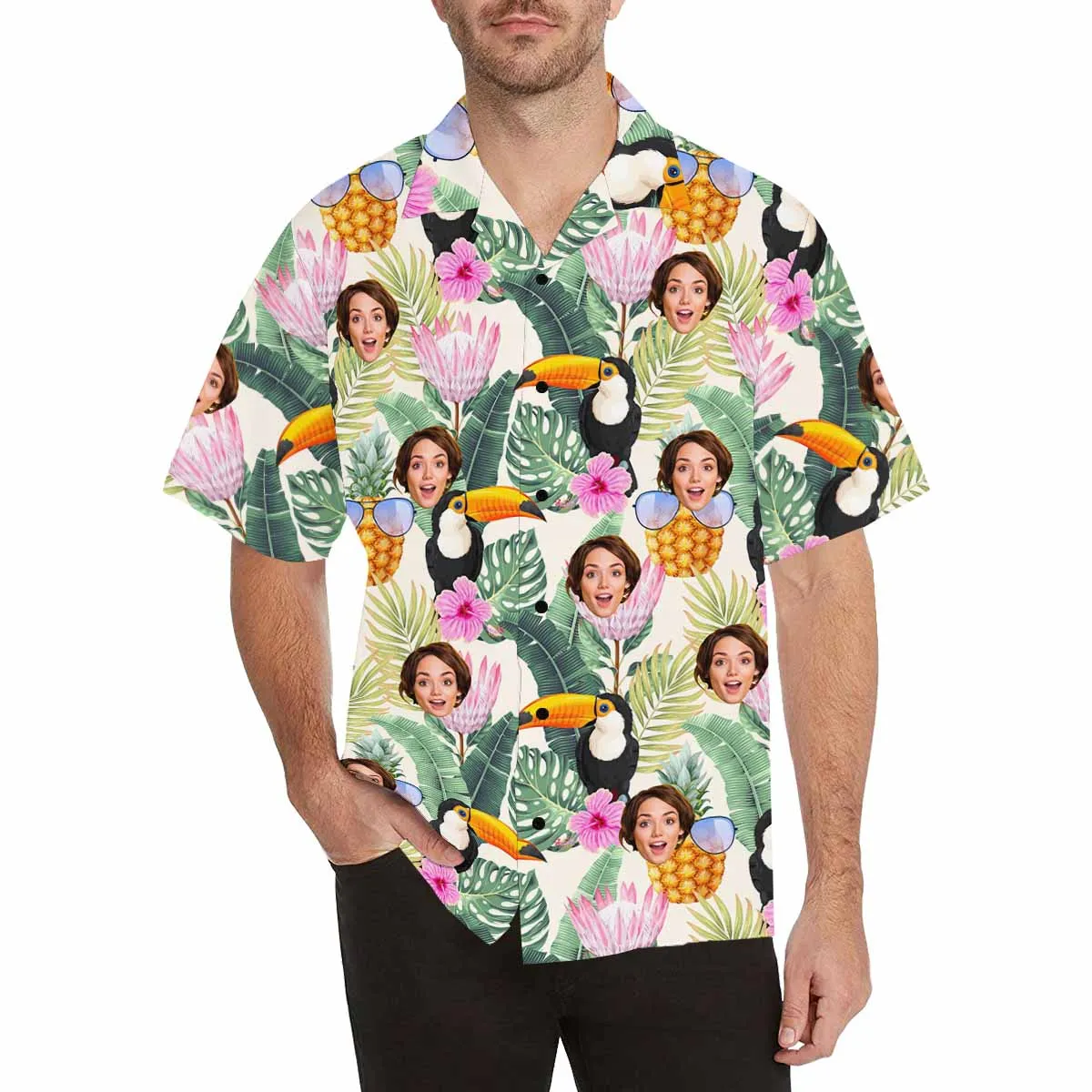Custom Hawaiian Shirt for Boyfriend, Husband or Team Personalized with face Photo with Flower/Flamingo/Pineapple background Birthday Gift Vacation Party Shirt