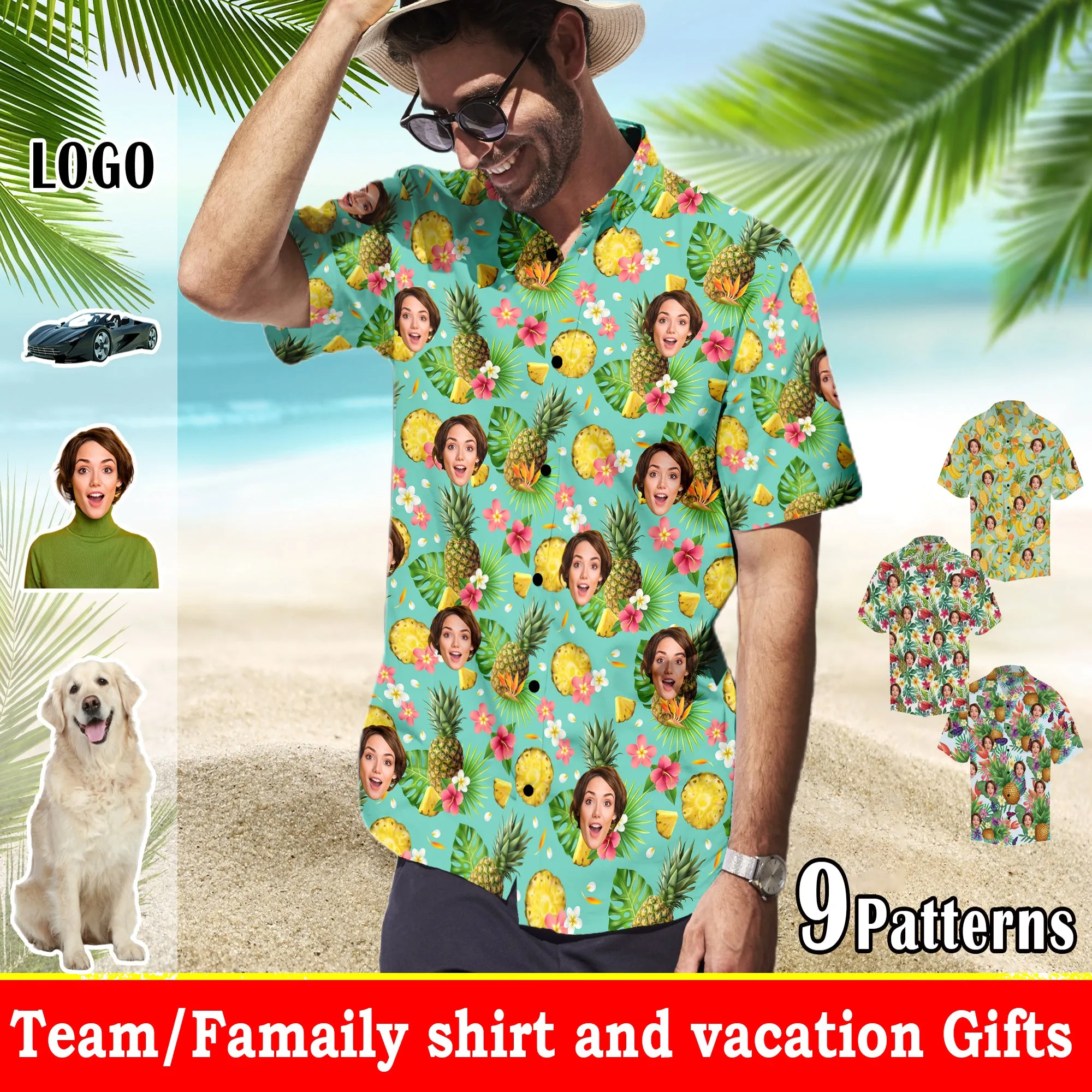 Custom Hawaiian Shirt for Boyfriend, Husband or Team Personalized with face Photo with Flower/Flamingo/Pineapple background Birthday Gift Vacation Party Shirt
