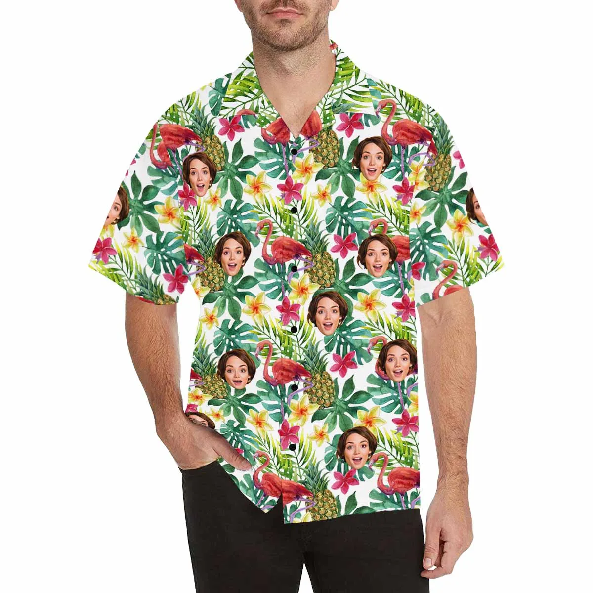 Custom Hawaiian Shirt for Boyfriend, Husband or Team Personalized with face Photo with Flower/Flamingo/Pineapple background Birthday Gift Vacation Party Shirt