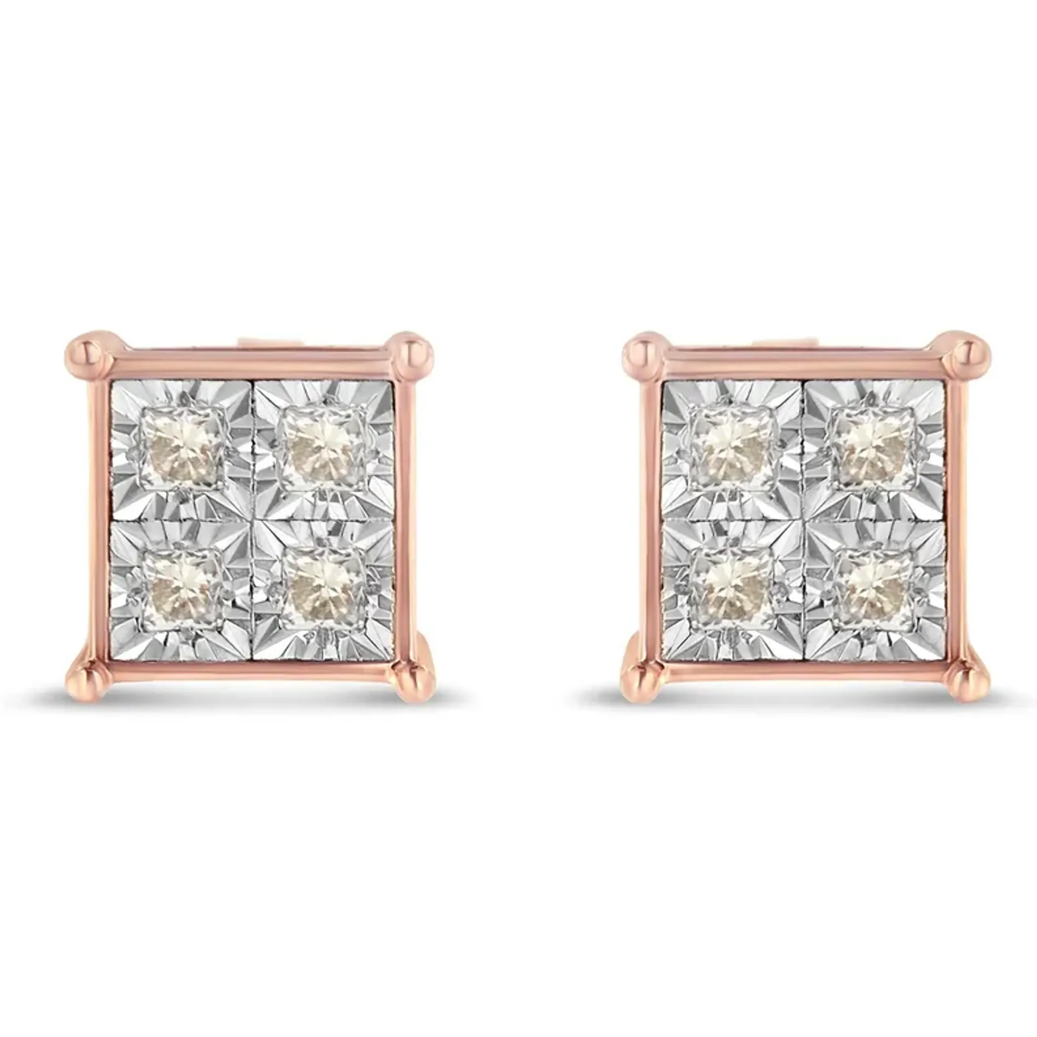 Rose Plated Sterling silver Princess Diamond Quad Stud Earrings (0.5 cttw, J-K Color, I1-I2 Clarity)